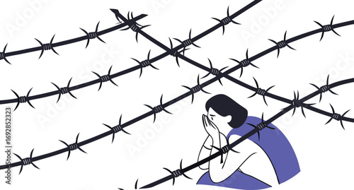 Isolated young woman trapped behind barbed wire symbolizing confinement restriction and emotional distress in solitary struggle