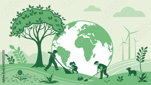 Green family gardening, sustainable Earth, renewable energy, eco-friendly lifestyle illustration.