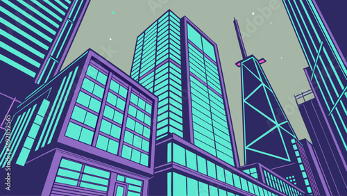 Stylized cityscape with tall buildings and geometric designs