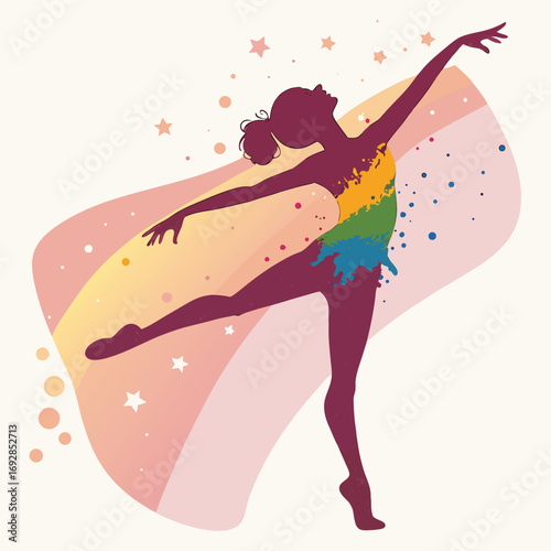 Dynamic silhouette of a dancer in motion artfully filled with vibrant paint splashes and abstract color bursts