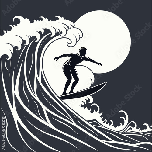 Monochrome silhouette of a surfer riding a large ocean wave capturing the dynamic energy of the sport