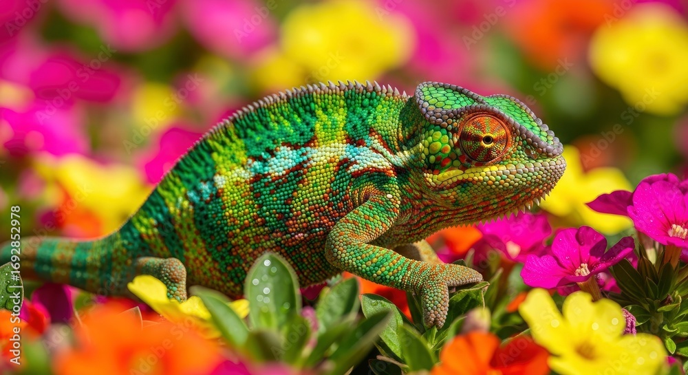 Obraz premium A vibrant chameleon with textured colorful skin is positioned among pink yellow and orange flowers and green foliage
