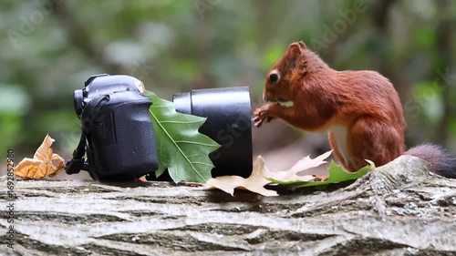 Red squirrel reaches out curiously toward a camera lens nestled on a tree trunk