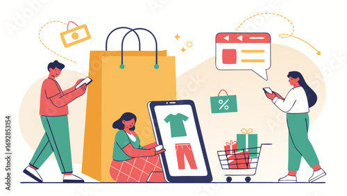 Happy diverse shoppers using mobile apps for online clothes shopping and discounts.