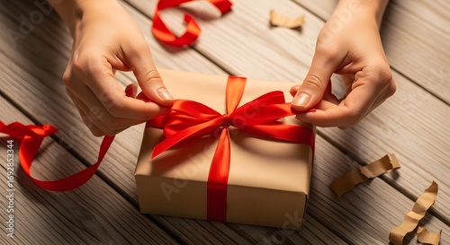 Hands tying a red ribbon bow on a gift box, preparing for holidays
