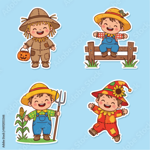 Cute cartoon scarecrow and farmer kids celebrating autumn harvest season characters