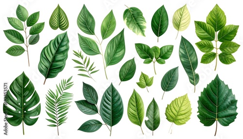 A collection of various green leaves, branches, and foliage