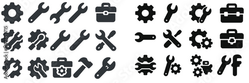 Different types of tool icons and symbols arranged in a grid showcasing various tools and equipment for mechanical work in black silhouette style