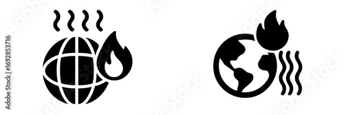 Global warming effects represented by symbols of fire and rising temperatures in a minimalist design