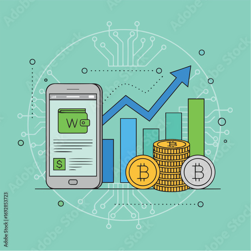 Digital Currency Growth Mobile Wallet and Stock Market Analysis Illustration