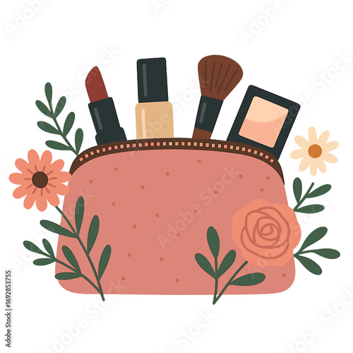 Elegant makeup pouch featuring cosmetics and lovely flowers against a white backdrop