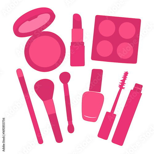 A top-down view of bright pink makeup set against a pastel pink background