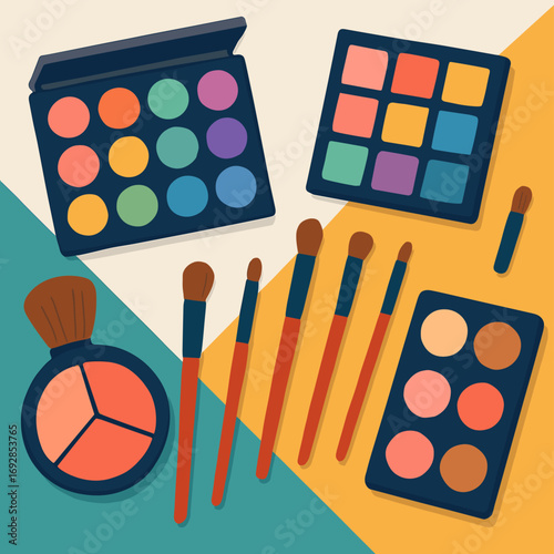 Vibrant makeup palettes and brushes are displayed against a teal and ochre backdrop