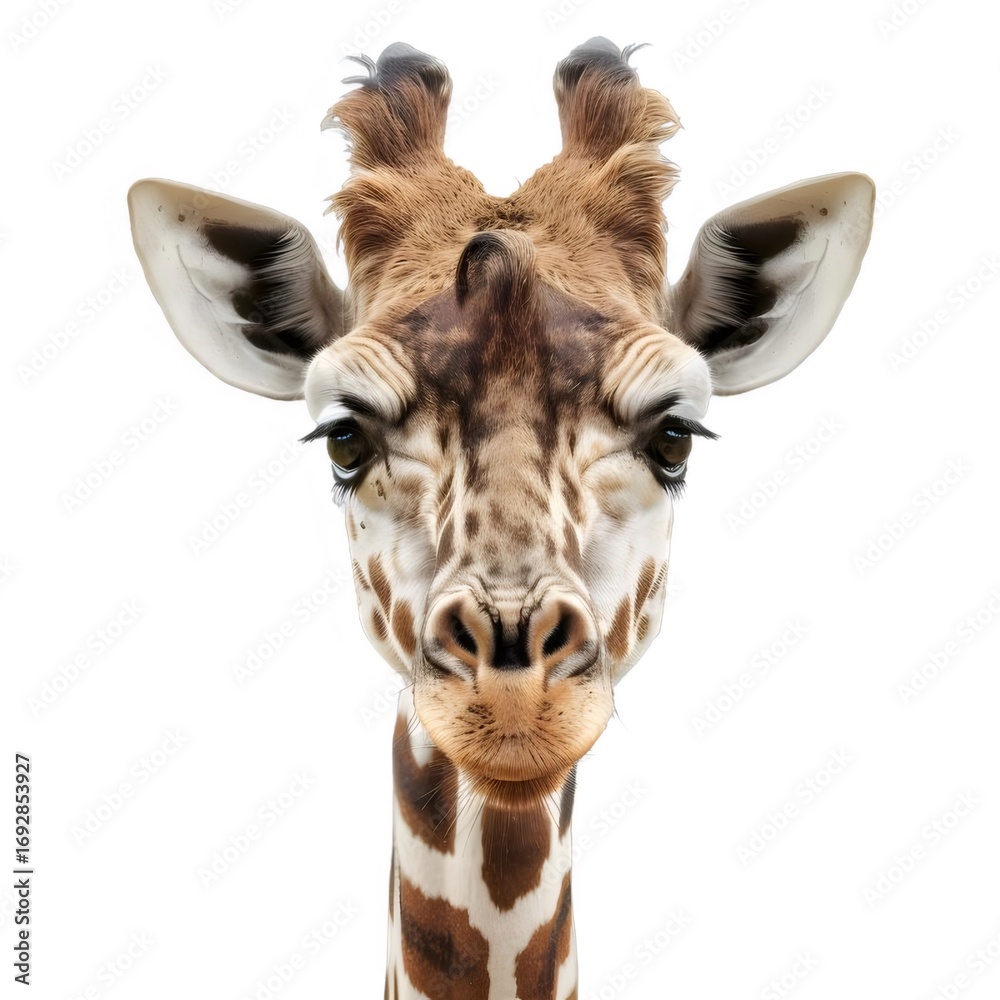 Naklejka premium 正面からのキリンのポートレートと白の背景