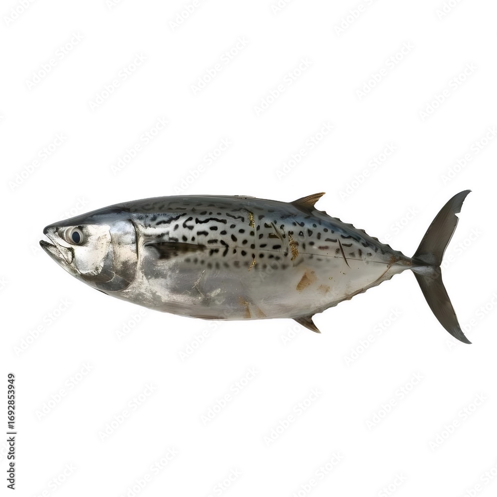 Naklejka premium 銀色と黒色の斑点のある魚の横向きショットと白い背景