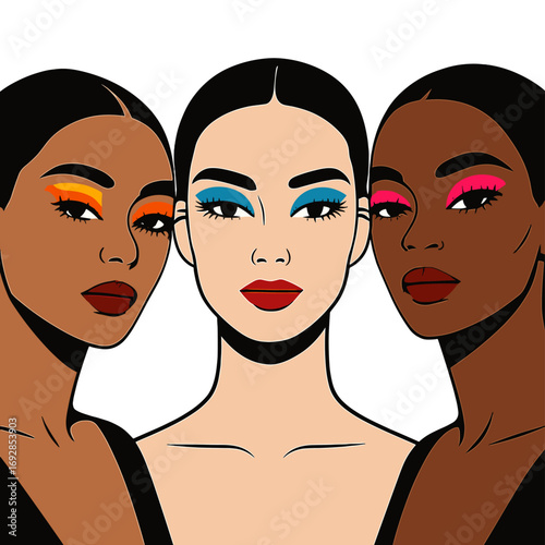 Three models showcase vivid makeup, featuring bright eyeshadow and long black lashes, embodying a high-fashion beauty concept