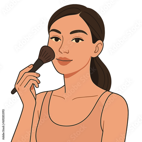 A woman applies powder makeup to her face using a brush against a bokeh backdrop, captured as a beauty routine portrait that showcases cosmetics and skincare, suitable for banners, posters