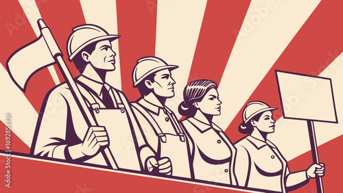 Retro Workers' Rights Poster: Diverse Team, Strong Unity, Bold Graphic Style