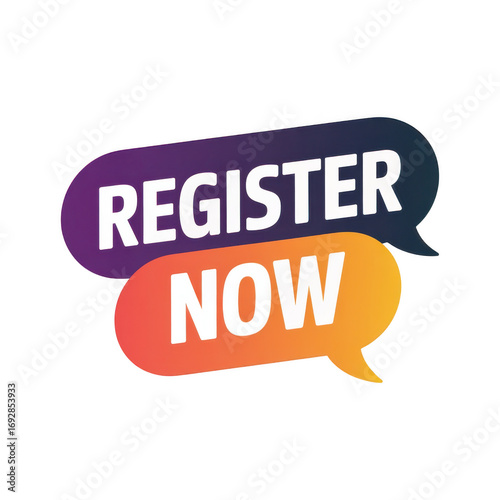Register now call to action graphic with bold white text and colorful speech bubbles