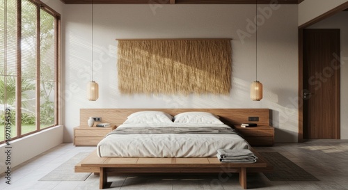 Bright bedroom with a natural aesthetic featuring a wooden bed straw wall hanging and a large window