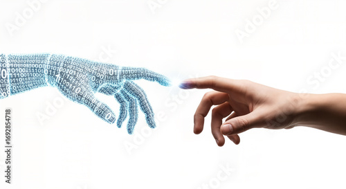 Digital artificial intelligence hand made of binary code reaching out to touch a human finger, symbolizing the connection between technology and humanity, isolated on white background