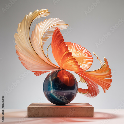Abstract Modern Sculpture with Swirling Orange and Gold Accents on a Stone Base
