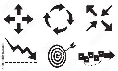A collection of diverse arrow icons, including directional, circular, converging, diverging, downward trending, target hitting, and sequential movement arrows