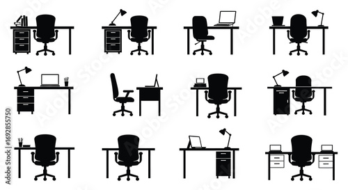 various office setups showing desks chairs computers and lamps