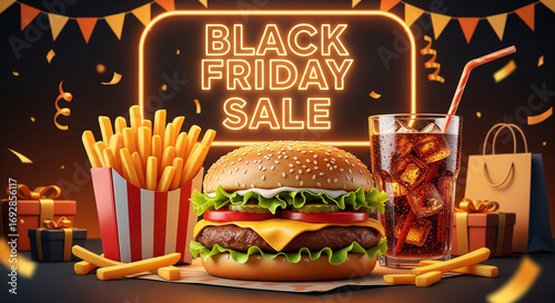 Wallpaper Mural Black Friday fast food poster with burger, fries and soda Torontodigital.ca