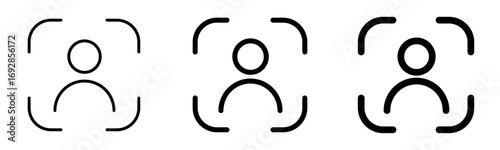 user profile icons with facial recognition frame in thin, medium, and bold styles isolated on transparent background