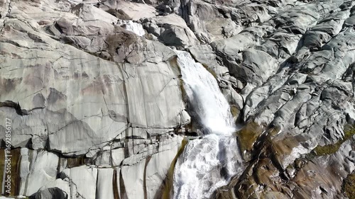 Aerial View of Rhone Glacier with Lake and Waterfall, Swiss Alps