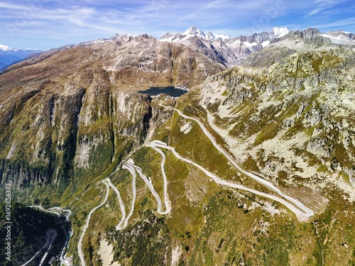 Winding Mountain Road of Grimsel Pass in the Swiss Alps – Aerial View
