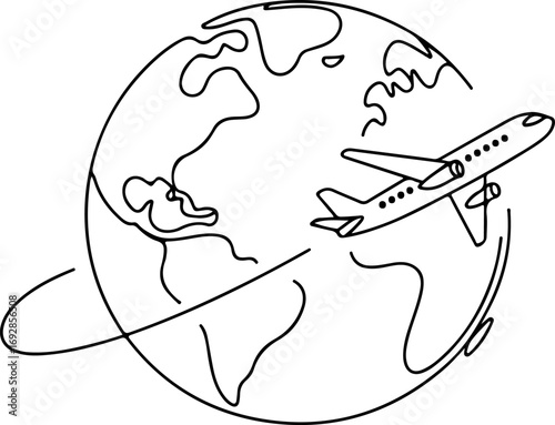 airplane flying around the world, black line art clip art preview