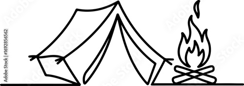 Continuous line art camping tent with a campfire for outdoor adventures and nature trips