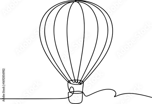 Hot air balloon depicted in a sleek black continuous line art style, a minimalist graphic vector design