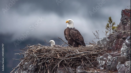 Ultra detailed shot of bald eagle nest rocky cliff parent feeding eaglets dramatic sky backdrop in cinematic wildlife style