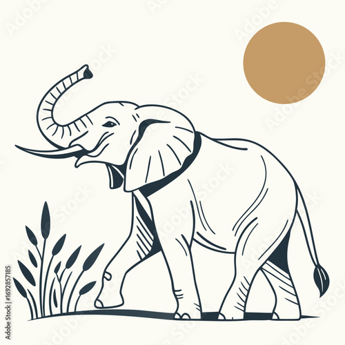 Abstract minimalist elephant silhouette with clean line art and geometric shapes