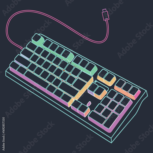 Abstract illustration of a neon glowing keyboard with vibrant colors and futuristic design elements