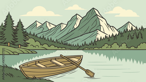 Serene mountain lake with rowboat and paddle