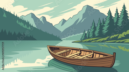 Serene lake with rowboat and majestic mountains