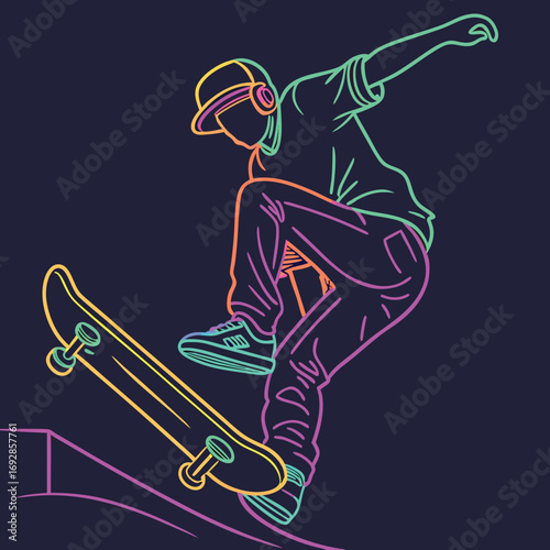 Dynamic neon glowing silhouette of a skateboarder in mid air performing a trick