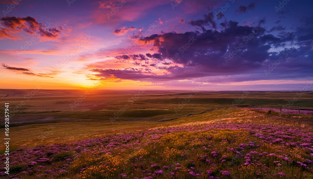 Fototapeta premium A Sunset Over A Vast Open Prairie With The Sky Turning Vibrant Shades Of Purple And Gold
