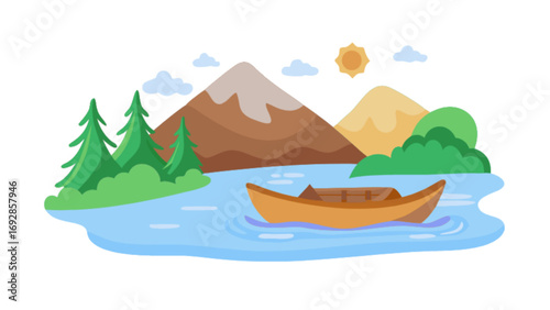 Serene mountain lake with canoe and sunny sky