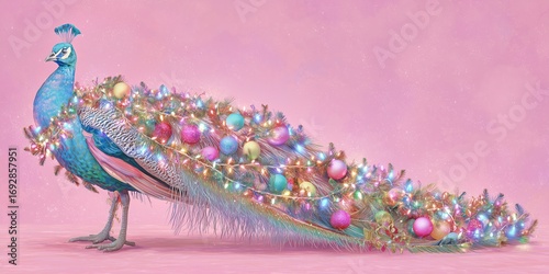 Christmas peacock with rainbow garland tail on pastel bright pink background
A surreal peacock spreads a colorful tail made of glowing garlands and ornaments.