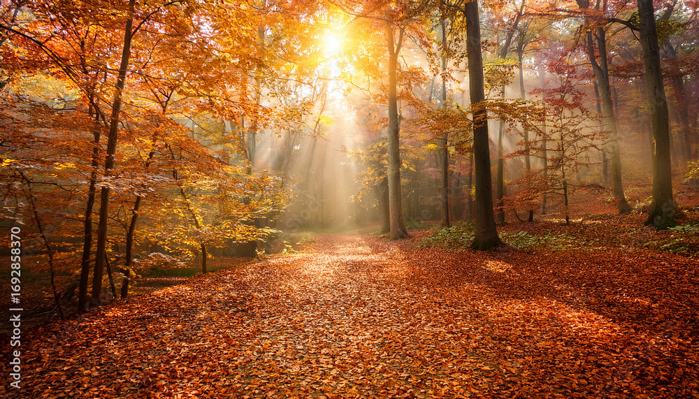 Naklejka premium A Peaceful Forest Path Covered In Orange Leaves With Sun Rays Shining Through The Trees Copy Space Above