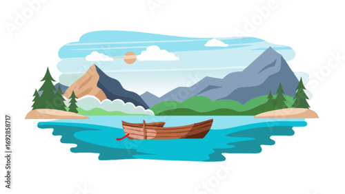 Serene lakeside scene with wooden boat and mountains