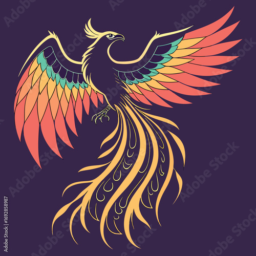 Majestic silhouette of a phoenix bird with vibrant fiery rainbow wings in flight