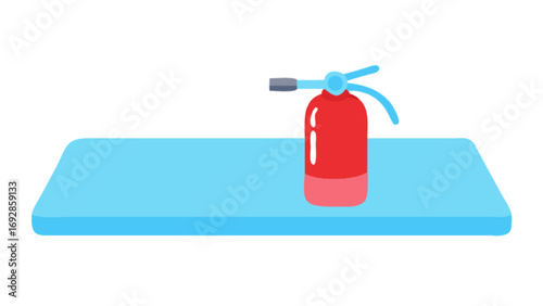 Red fire extinguisher on a blue surface