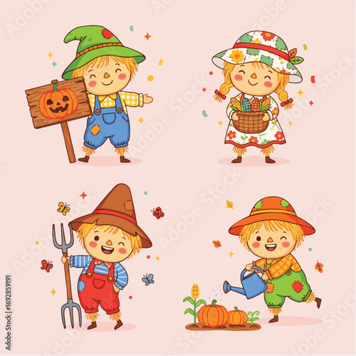Cute Cartoon Scarecrow Kids Celebrating Autumn Harvest and Halloween Season