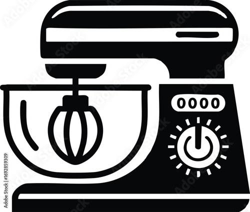 A black and white icon illustration of a stand mixer on a transparent background